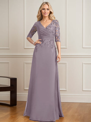 A-line V-Neck Floor-Length Lace Chiffon Mother of the Bride Dress With Pleated Sequins
