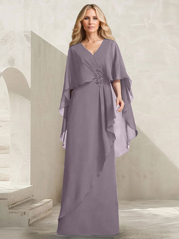 A-line V-Neck Floor-Length Chiffon Mother of the Bride Dress With Cascading Ruffles Beading