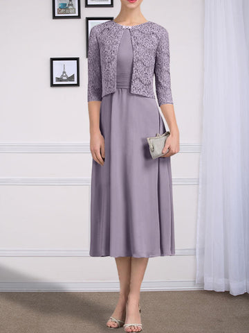 A-line Scoop Tea-Length Chiffon Mother of the Bride Dress With Pleated