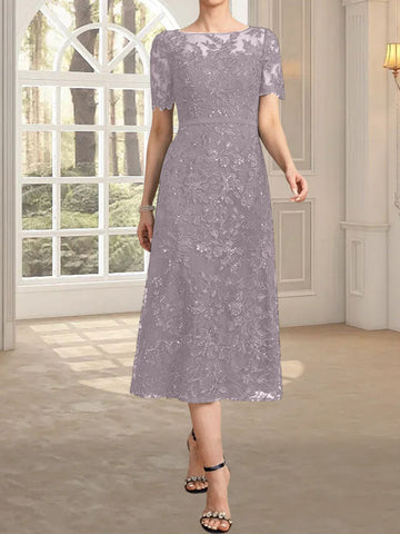 A-line Scoop Illusion Tea-Length Lace Mother of the Bride Dress With Sequins