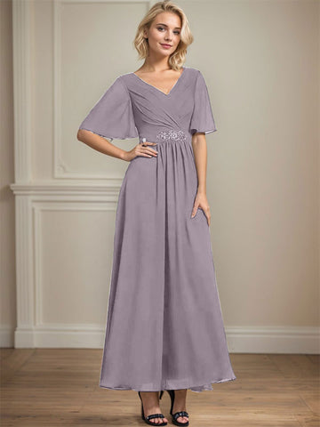 A-line V-Neck Ankle-Length Chiffon Mother of the Bride Dress With Pleated Beading Sequins