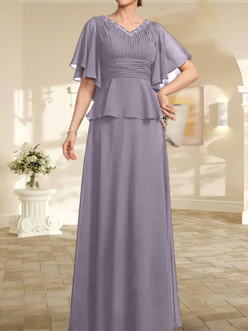 A-line V-Neck Floor-Length Chiffon Mother of the Bride Dress With Pleated Beading