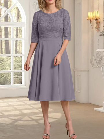 A-line Scoop Knee-Length Lace Chiffon Mother of the Bride Dress