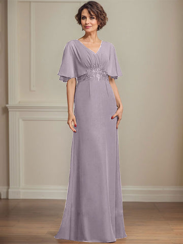 A-line V-Neck Floor-Length Chiffon Mother of the Bride Dress With Pleated Sequins Appliques Lace