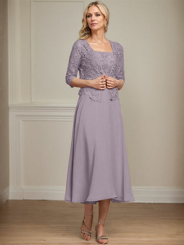 A-line Square Tea-Length Chiffon Lace Mother of the Bride Dress With Sequins Beading