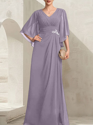 Sheath/Column V-Neck Floor-Length Chiffon Mother of the Bride Dress With Pleated Sequins Beading