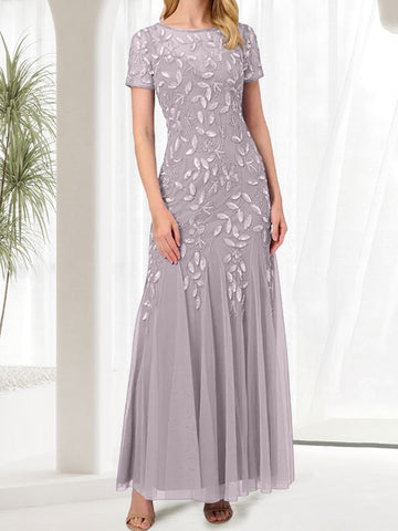 Vestido largo azul de sirena con cuello redondo para la madre de la novia con pedrería