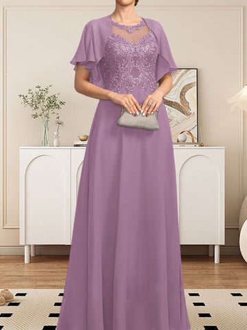 A-line Scoop Illusion Floor-Length Lace Chiffon Mother of the Bride Dress With Sequins