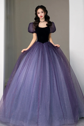 Vestido de noche formal de tul morado de manga corta, estilo línea A, modelo Y4291