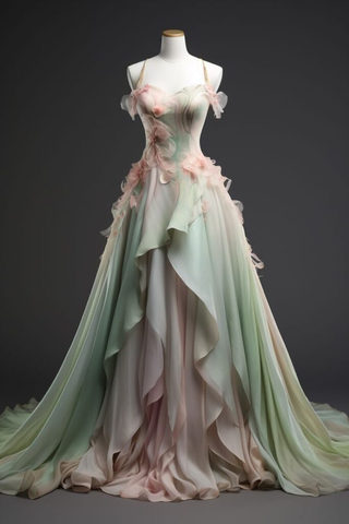 Robe de bal longue en mousseline de soie ornée d'appliqués et décolleté cœur, modèle Y8357