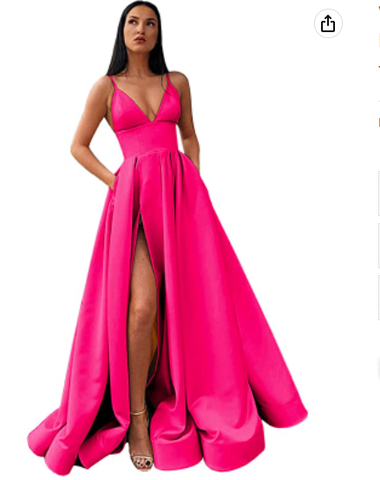 V-Neck Slit Satin Long Prom Dress Spaghetti Strap Evening Ball Gown with Pockets S14431