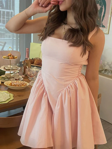 Robe de bal courte rose satinée simple, dos nu, robe de soirée Y7850