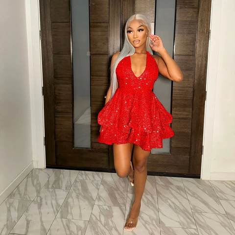 Vestido rojo de lentejuelas con volantes para fiesta de bienvenida, vestido para fiesta de cumpleaños número 18 Y2444