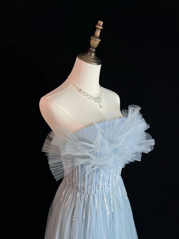 Vestido de fiesta de corte A, elegante, azul, de tul, con lentejuelas y cuentas, modelo Y8646