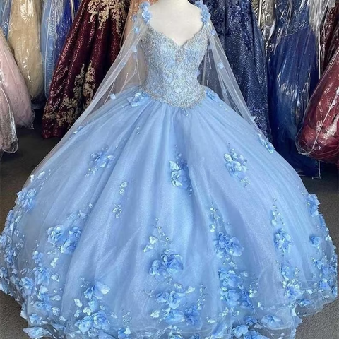 Robe de bal bleu clair pour quinceañera, ornée de fleurs, épaules dénudées, applications de dentelle, perles de cristal et fleurs 3D, manches longues, robe Sweet 16 Y759