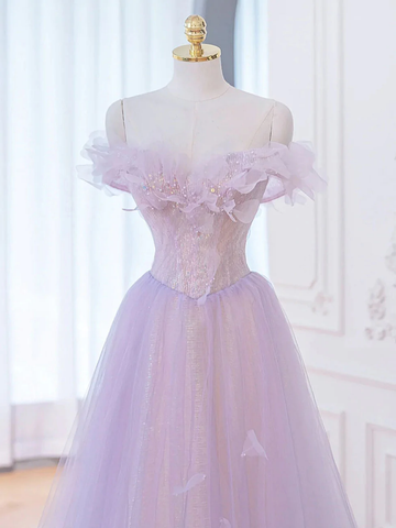 Vestido largo de fiesta morado corte A con hombros descubiertos, vestidos de noche formales morados Y1783