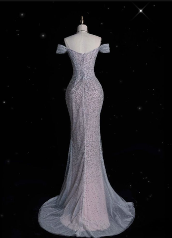 Robe de soirée longue sirène en tulle lilas pailleté et perles, épaules dénudées, Y8054