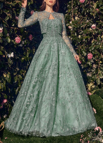 Robe de soirée formelle de bal Y8358, ornée de sequins et de perles, en tulle vert somptueux, coupe trapèze