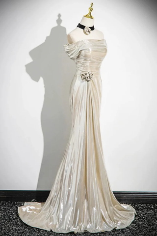 Robe de bal sirène en satin champagne à épaules dénudées Y8202