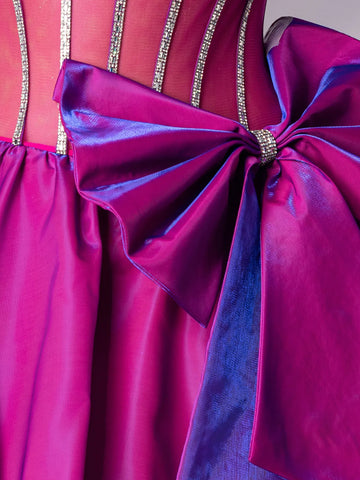 Bow Front Sheer Bodice Crystal Strapless Ruffle Tiered Prom Dress