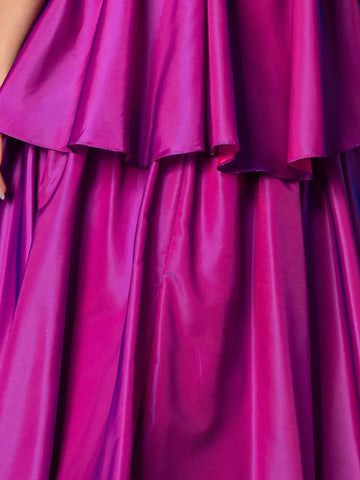 Bow Front Sheer Bodice Crystal Strapless Ruffle Tiered Prom Dress