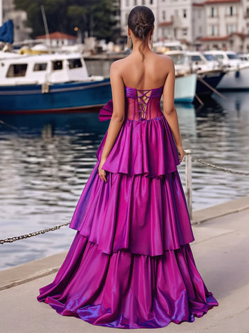 Bow Front Sheer Bodice Crystal Strapless Ruffle Tiered Prom Dress
