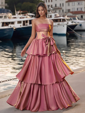 Bow Front Sheer Bodice Crystal Strapless Ruffle Tiered Prom Dress