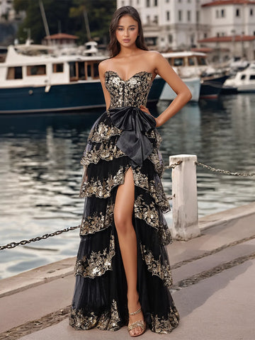 Satin Bow Waist Sparkly Lace Strapless Ruffle Tiered Prom Dress