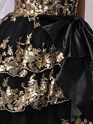 Satin Bow Waist Sparkly Lace Strapless Ruffle Tiered Prom Dress