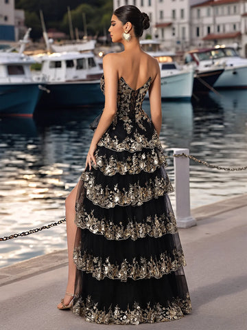 Satin Bow Waist Sparkly Lace Strapless Ruffle Tiered Prom Dress