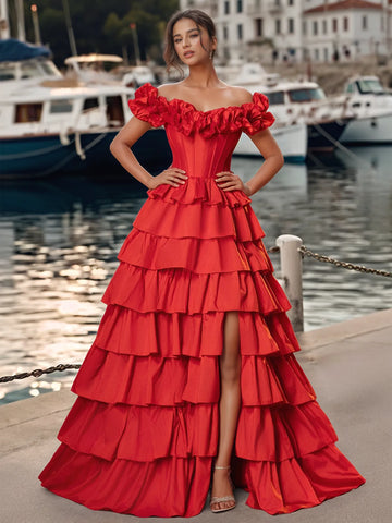 Off Shoulder Bodice Tiered Layered Ball Gown Prom Dress With Slit