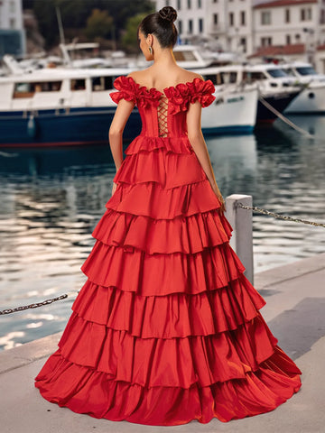 Off Shoulder Bodice Tiered Layered Ball Gown Prom Dress With Slit
