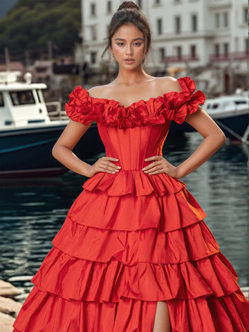 Off Shoulder Bodice Tiered Layered Ball Gown Prom Dress With Slit