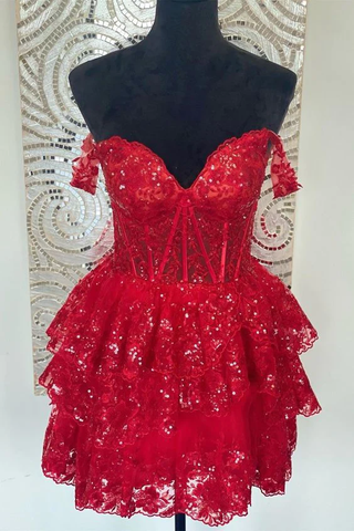Vestido rojo de fiesta con hombros descubiertos, corsé transparente y volantes escalonados Y2822