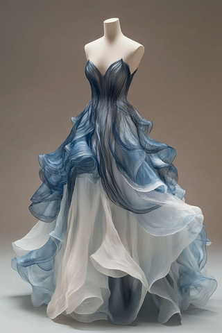 Robe de bal longue vintage en tulle bleu sans bretelles, coupe trapèze, référence Y8522