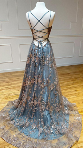 Robe de bal longue en tulle à sequins, col en V, coupe trapèze, dos nu, Y5620