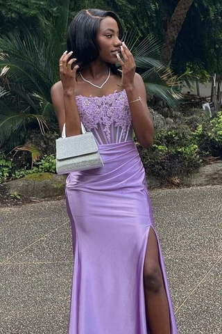 Robe de bal longue sirène fendue, ornée de dentelle bordeaux et sans bretelles, Y7883