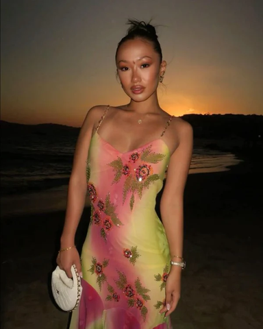 Vestido de noche largo de gasa con tirantes finos, cuentas degradadas en rosa y verde, con volantes, para fiesta o graduación Y8495