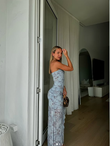 Robe de bal longue chic en mousseline imprimée florale, sans bretelles et fendue, Y8238