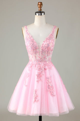 Robe de bal courte dos nu à paillettes roses mignonnes avec appliques