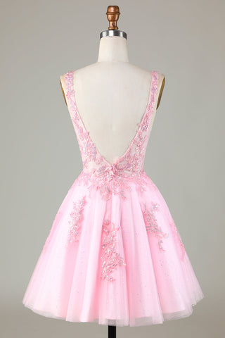 Robe de bal courte dos nu à paillettes roses mignonnes avec appliques