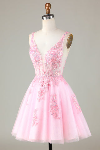 Robe de bal courte dos nu à paillettes roses mignonnes avec appliques