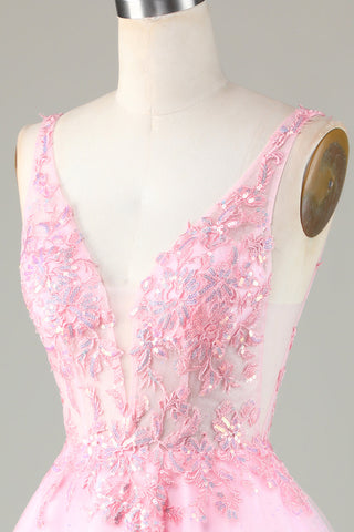 Robe de bal courte dos nu à paillettes roses mignonnes avec appliques