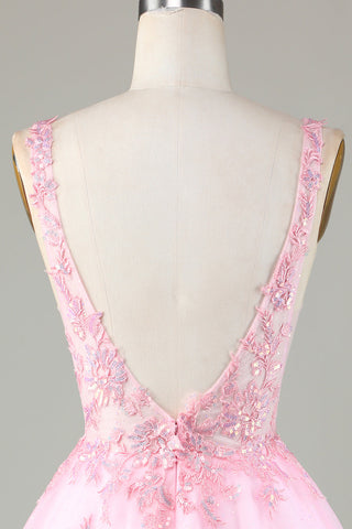 Robe de bal courte dos nu à paillettes roses mignonnes avec appliques