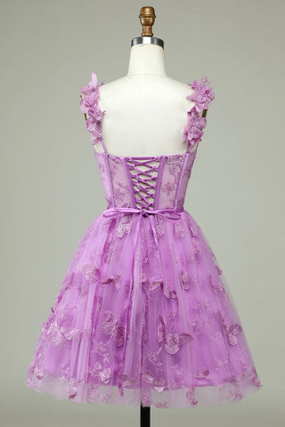 Lindo vestido corto de fiesta morado estilo corsé de corte A con apliques