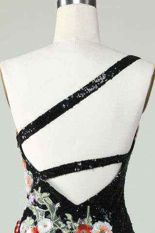 Robe de bal moulante asymétrique noire à sequins et perles, ornée de fleurs 3D