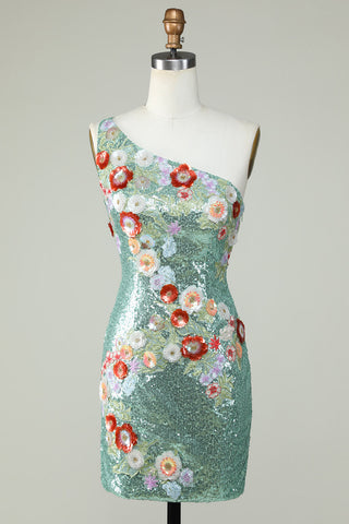 Robe de bal moulante asymétrique noire à sequins et perles, ornée de fleurs 3D