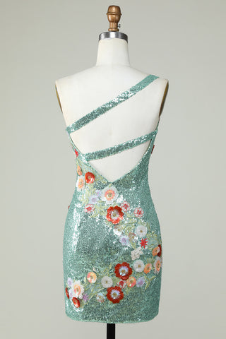 Robe de bal moulante asymétrique noire à sequins et perles, ornée de fleurs 3D