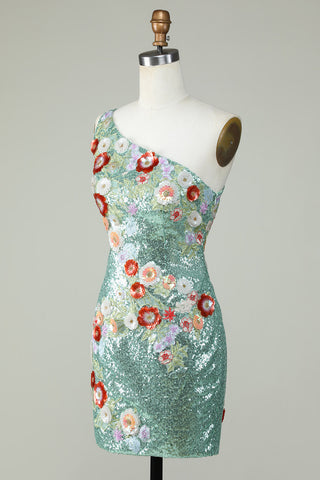 Robe de bal moulante asymétrique noire à sequins et perles, ornée de fleurs 3D