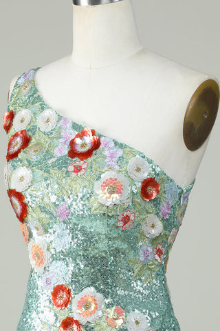 Robe de bal moulante asymétrique noire à sequins et perles, ornée de fleurs 3D